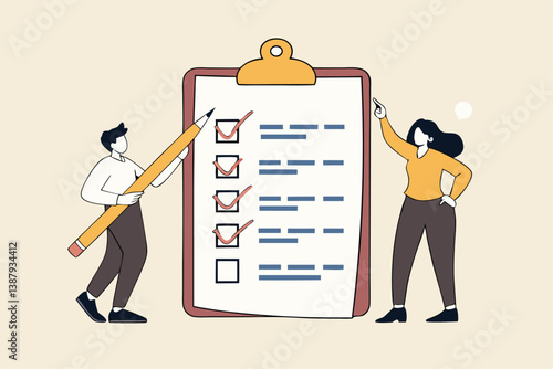 Task checklist, clipboard with to do list checkmark, task management to track work completion, accomplishment, survey or questionnaire concept, business people with pencil and checklist clipboard.