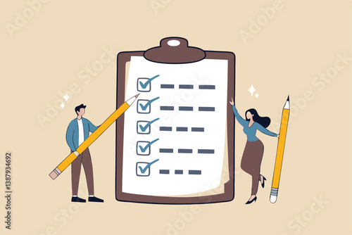 Task checklist, clipboard with to do list checkmark, task management to track work completion, accomplishment, survey or questionnaire concept, business people with pencil and checklist clipboard.