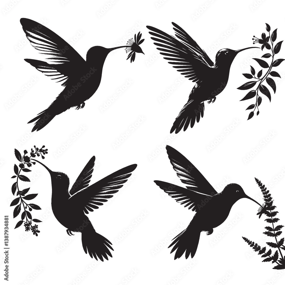 Obraz premium Hummingbird Silhouette | Hovering Bird Drinking Nectar, Delicate Flying Wildlife Vector