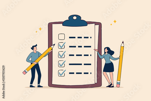 Task checklist, clipboard with to do list checkmark, task management to track work completion, accomplishment, survey or questionnaire concept, business people with pencil and checklist clipboard.