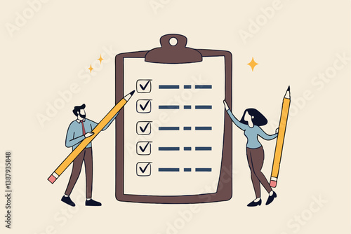 Task checklist, clipboard with to do list checkmark, task management to track work completion, accomplishment, survey or questionnaire concept, business people with pencil and checklist clipboard.