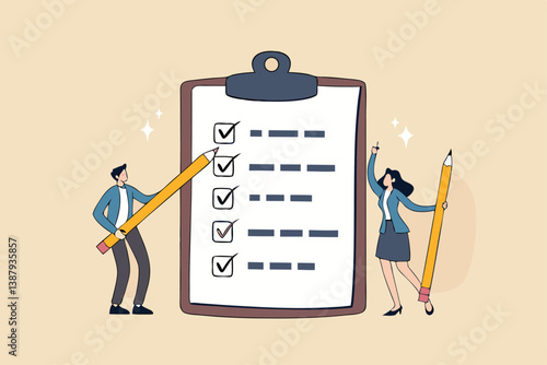 Task checklist, clipboard with to do list checkmark, task management to track work completion, accomplishment, survey or questionnaire concept, business people with pencil and checklist clipboard.