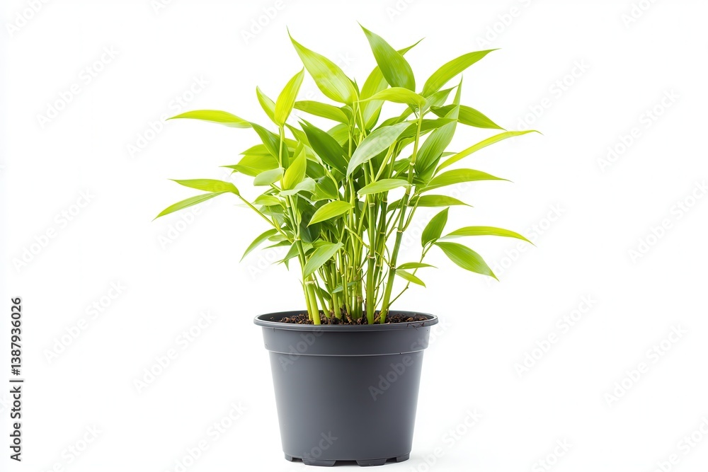 Vibrant Lucky Bamboo: Close-up of a Small Bamboo Plant in a Pot against a Bright White Backdrop Vibrant Lucky Bamboo: Close-up of a Small Bamboo Plant in a Pot against a Bright White Backdrop