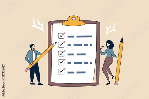 Task checklist, clipboard with to do list checkmark, task management to track work completion, accomplishment, survey or questionnaire concept, business people with pencil and checklist clipboard.