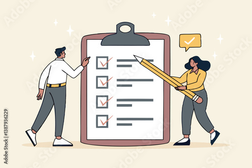 Task checklist, clipboard with to do list checkmark, task management to track work completion, accomplishment, survey or questionnaire concept, business people with pencil and checklist clipboard.