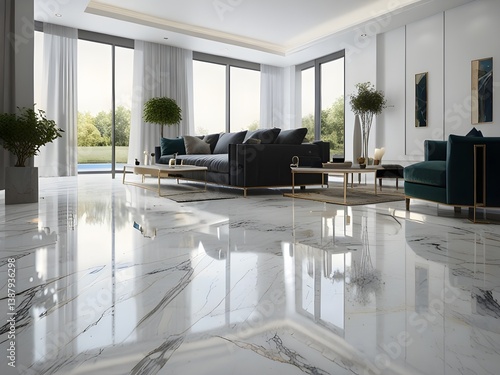 Modern Luxury Interior with Glossy Marble Epoxy Floor – Photorealistic High-End Residential Design with Elegant Decor and Warm Lighting