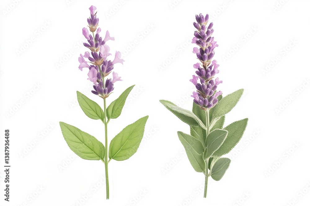 Vivid Lavender and Sage Blooms Isolated on White Background, Capturing Herbal Aromas of Summer in a Closeup Provence-Inspired Perspective