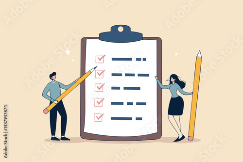 Task checklist, clipboard with to do list checkmark, task management to track work completion, accomplishment, survey or questionnaire concept, business people with pencil and checklist clipboard.