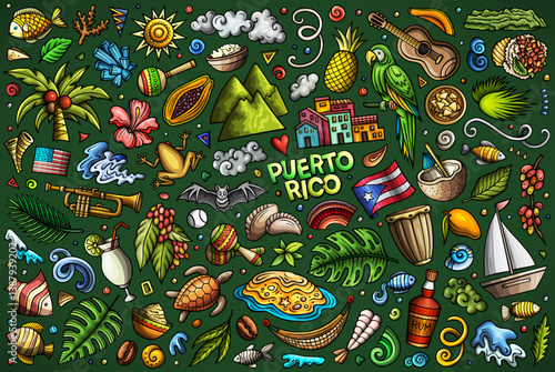 Cartoon vector doodle set of PUERTO RICO traditional symbols, items and objects