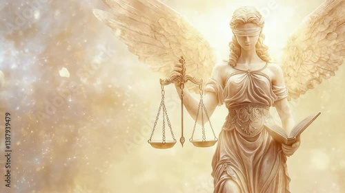 Golden angel of justice with blindfold and wings holding scales and book, standing in sparkling divine light representing fairness and law