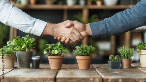 Business handshake amidst plants