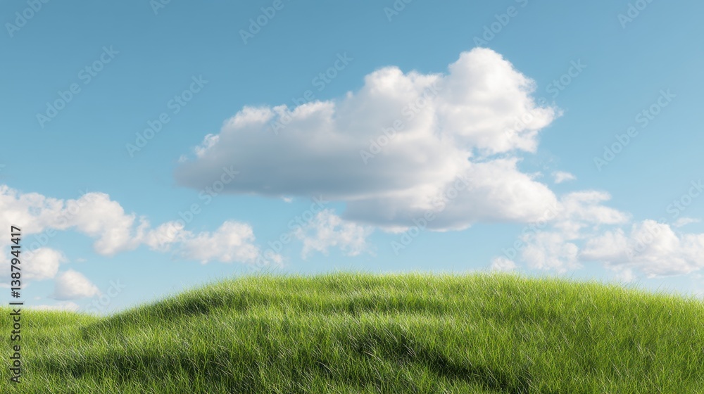 Obraz premium A green grassy hill with a blue sky and white clouds in the background