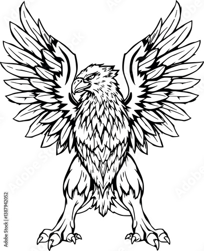 Outline griffin vector illustration. Monochrome legendary creature with eagle wings and lion body.