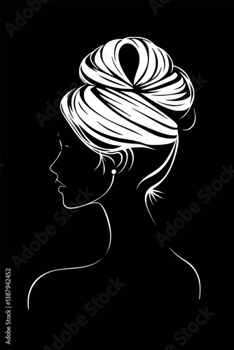 Elegant updo hairstyle woman in outline style. Sophisticated vector design.