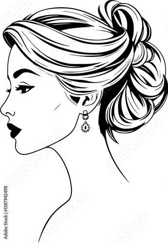 Elegant updo hairstyle woman in outline style. Sophisticated vector design.