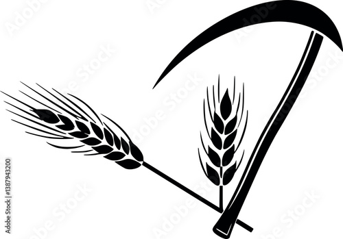 Outline illustration of a sickle and wheat traditional farming