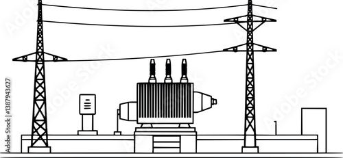 Outline illustration of an electrical substation with transformers