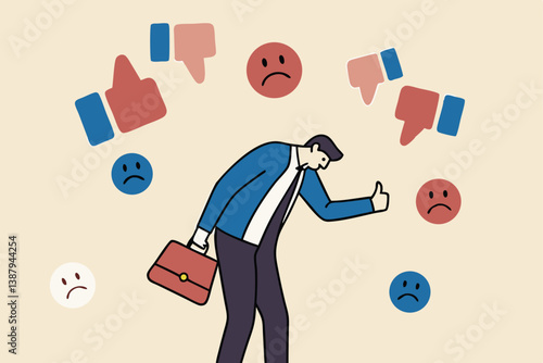 Response to negative feedback, dislike or bad customer review rating, handle complaint, business mistake or problem, satisfaction or angry opinion concept, businessman response to negative feedback.