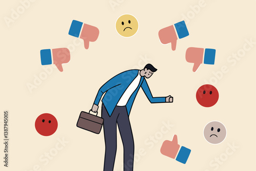 Response to negative feedback, dislike or bad customer review rating, handle complaint, business mistake or problem, satisfaction or angry opinion concept, businessman response to negative feedback.