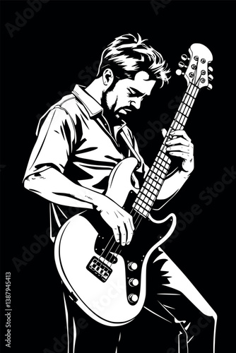 Outline bass guitarist performing. Vector line art of a musician with a bass guitar.