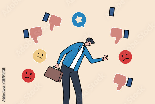 Response to negative feedback, dislike or bad customer review rating, handle complaint, business mistake or problem, satisfaction or angry opinion concept, businessman response to negative feedback.