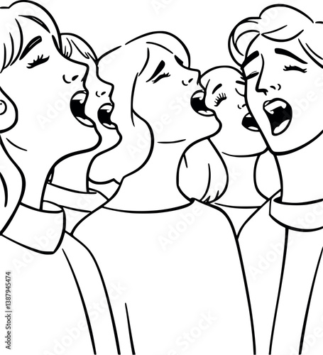 Outline choir singing. Vector illustration of a group of vocalists in monochrome line art.