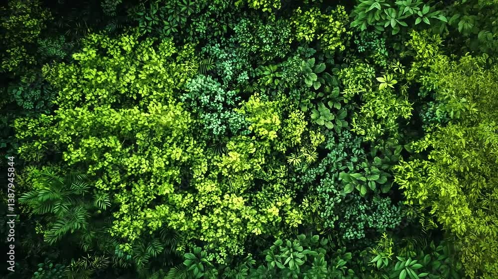 Lush Greenery Aerial View of Dense Forest Canopy with Varying Shades of Green and Natural Patterns