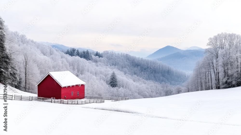 Red Barn Snowy Landscape, Winter Trees, Fence, Pristine, High-resolution Sharp Focus, Wide Angle Panoramic, Rural Serenity, Frosty Mountain Background, Cold White Palette, Ideal for Winter Calendar Red Barn Snowy Landscape, Winter Trees, Fence, Pristine, High-resolution Sharp Focus, Wide Angle Panoramic, Rural Serenity, Frosty Mountain Background, Cold White Palette, Ideal for Winter Calendar