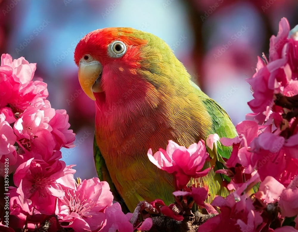 parakeet and pink flowers
