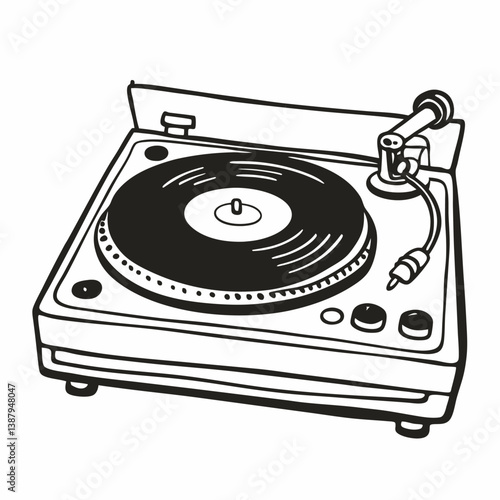 Vintage Turntable Illustration with Vinyl Record and Tonearm in Retro Style