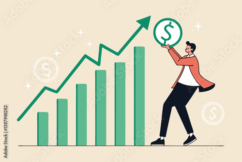 Sales person, marketing or investment professional, earning profit or sale commission money, growth planning or success financial advisor concept, confident businessman hold dollar with growth chart.