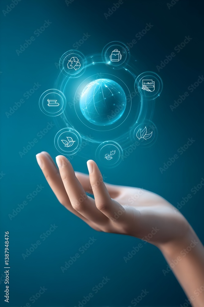 Fototapeta premium Hand holding a glowing globe with eco-friendly icons