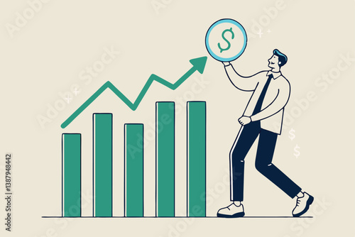 Sales person, marketing or investment professional, earning profit or sale commission money, growth planning or success financial advisor concept, confident businessman hold dollar with growth chart.