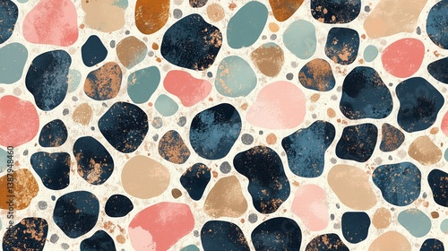 Textured leopard print pattern with irregular black, peach, and green spots on a beige background.