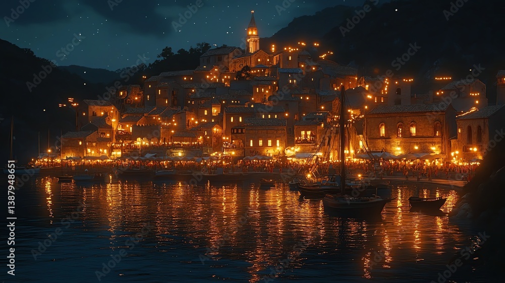 Fototapeta premium A Mediterranean coastal town lit up during a summer festival