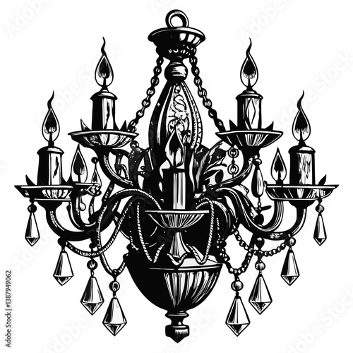 Vintage Black and White Chandelier with Crystal Accents Illustration