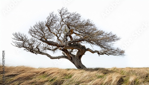 twisting solitude windswept tree bending gracefully rugged branches standing alone on dry grass clear sky backdrop on a white background
