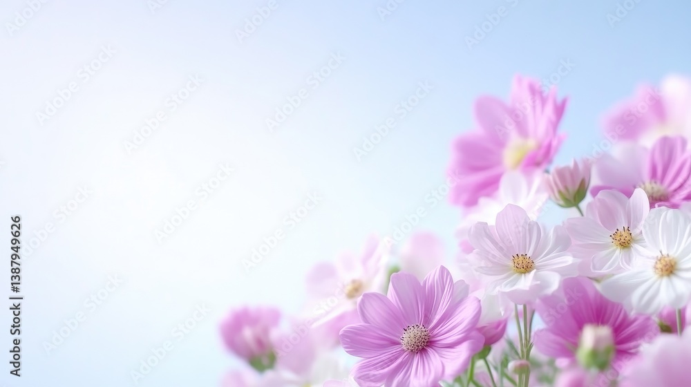 Obraz premium Cosmos Flowers Soft Pastel Style High-resolution Gentle Lighting Landscape Close-up View Delicate Petals Blooming Serenity Sky Pastel Pink tones Ideal for greeting cards