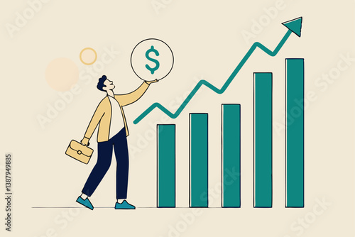 Sales person, marketing or investment professional, earning profit or sale commission money, growth planning or success financial advisor concept, confident businessman hold dollar with growth chart.