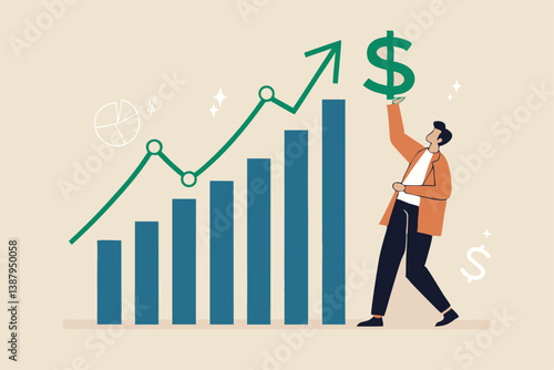 Sales person, marketing or investment professional, earning profit or sale commission money, growth planning or success financial advisor concept, confident businessman hold dollar with growth chart.