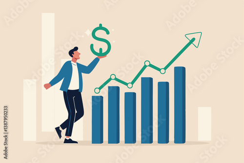 Sales person, marketing or investment professional, earning profit or sale commission money, growth planning or success financial advisor concept, confident businessman hold dollar with growth chart.