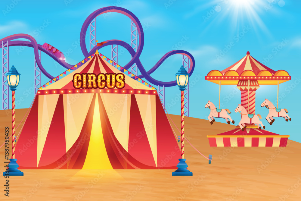 Cheerful Day at the Circus, Big Top Tent, Roller Coaster, and Horse Ride Under a Sunny Sky. 3D Vector Illustration Of Royal Grand Circus Theme For E-commerce, Game Show, Kids Fun Activity Etc. Cheerful Day at the Circus, Big Top Tent, Roller Coaster, and Horse Ride Under a Sunny Sky. 3D Vector Illustration Of Royal Grand Circus Theme For E-commerce, Game Show, Kids Fun Activity Etc.