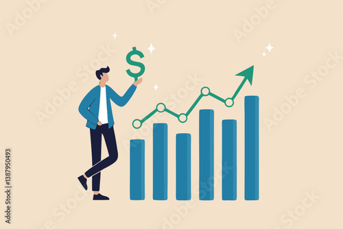 Sales person, marketing or investment professional, earning profit or sale commission money, growth planning or success financial advisor concept, confident businessman hold dollar with growth chart.