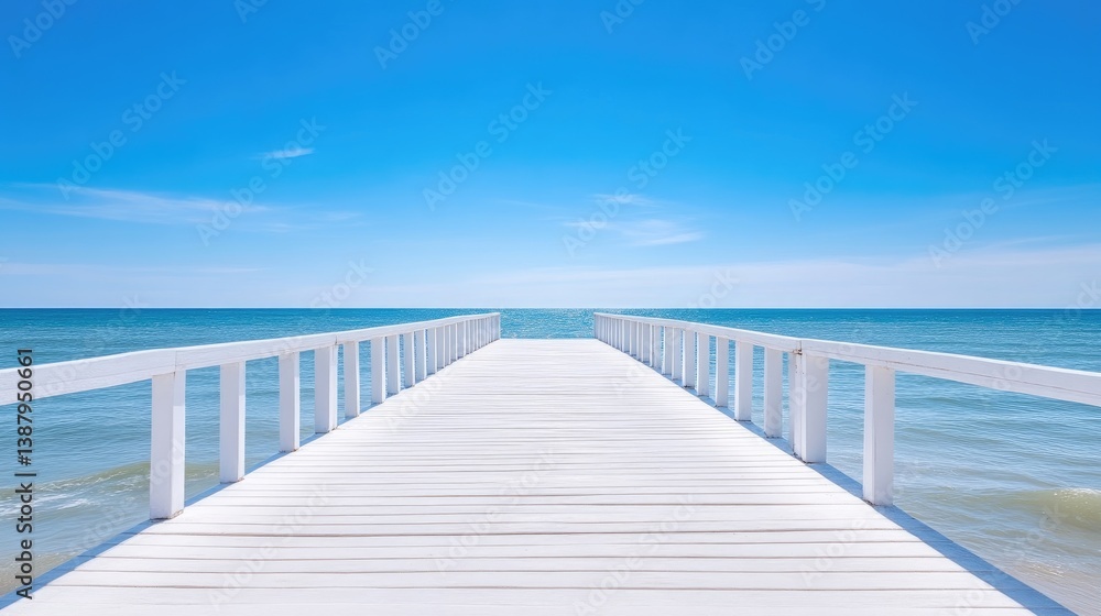 A long white pier extends into a calm ocean under a bright blue sky. The pier features white railings. The image is high-resolution and well-lit, showcasing a serene and minimalist aesthetic. Bright A long white pier extends into a calm ocean under a bright blue sky. The pier features white railings. The image is high-resolution and well-lit, showcasing a serene and minimalist aesthetic. Bright