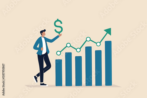 Sales person, marketing or investment professional, earning profit or sale commission money, growth planning or success financial advisor concept, confident businessman hold dollar with growth chart.