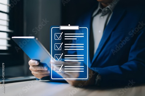 Checklist online document practices and policies concept, Businessman use tablets to check steps through policies document company articles of association Terms and Conditions, Quality inspection