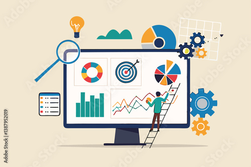 Data analytics, research or analysis graph and chart diagram, statistics report, datum or financial analysis, marketing for website, optimization concept, businessman analyze data on monitor screen.