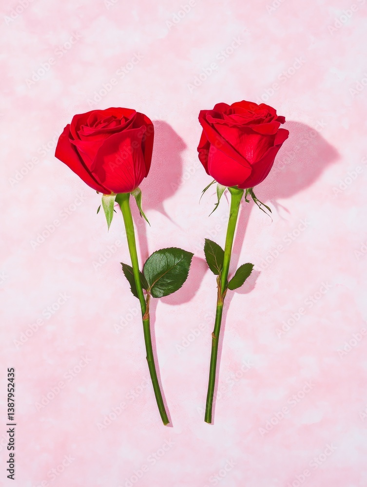 Obraz premium Two Red Roses on Pink Background - Two vibrant red roses with green stems and leaves, elegantly arranged against a soft pink backdrop