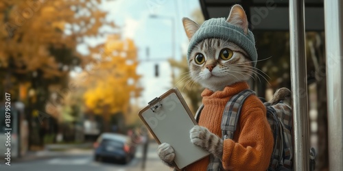 Exclusive look at a photorealistic cat with a beanie waiting at a bus stop while holding a sketchbook