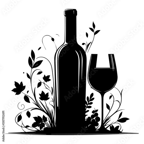 A black and white grape wine logo with a glass and a vine on a white isolated background. Vector graphics. EPS.